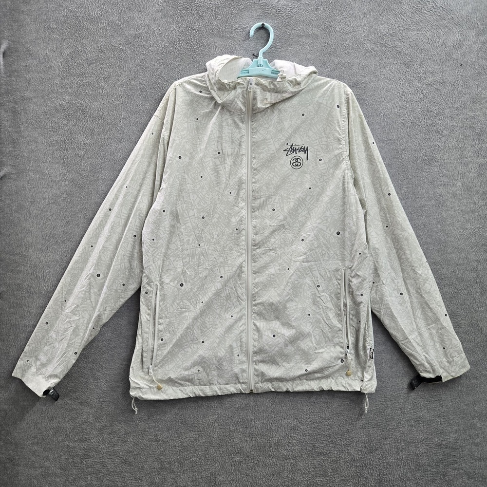 VINTAGE Stussy Men Jacket L White Windbreaker GEAR Monogram Streetwear Y2K READ
